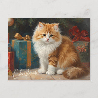 Cartão Postal De Festividades Gato Laranja e Branco Feliz Natal com Presentes