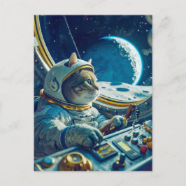 Cartão Postal De Festividades Gato laranja no cockpit com planetas do lado de fo