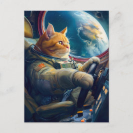 Cartão Postal De Festividades Gato laranja pilotando espaçonave em órbita