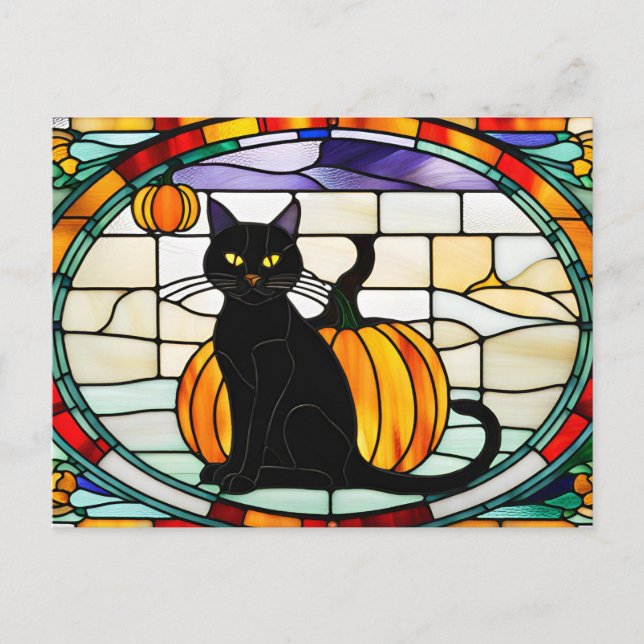 Cartão Postal De Festividades Gato Negro de Halloween de Vidro Estreito (Frente)