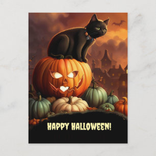 Cartão Postal De Festividades Gato Negro e Jack O' Lanterna Cute