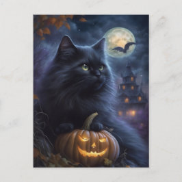 Cartão Postal De Festividades Gato Negro e Lua Cheia do Halloween