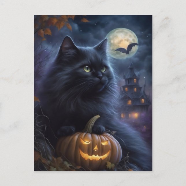Cartão Postal De Festividades Gato Negro e Lua Cheia do Halloween (Frente)