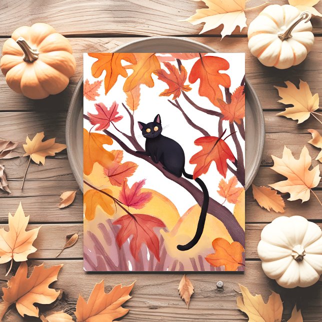 Cartão Postal De Festividades Gato Negro em Árvore | Fall Autumn Spooky Cute (Criador carregado)