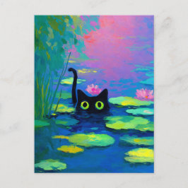 Cartão Postal De Festividades Gato Negro Engraçado Nadando Pond | Quirky Art