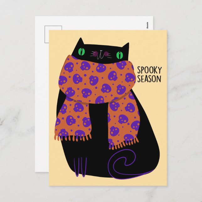 Cartão Postal De Festividades Gato Negro Fall Season Halloween Spooky Cute (Frente/Verso)