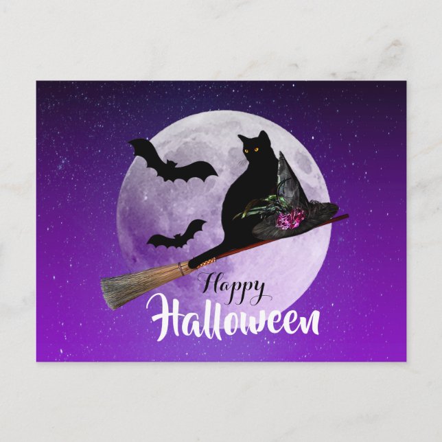 Cartão Postal De Festividades Gato Negro Halloween na Lua Cheia (Frente)