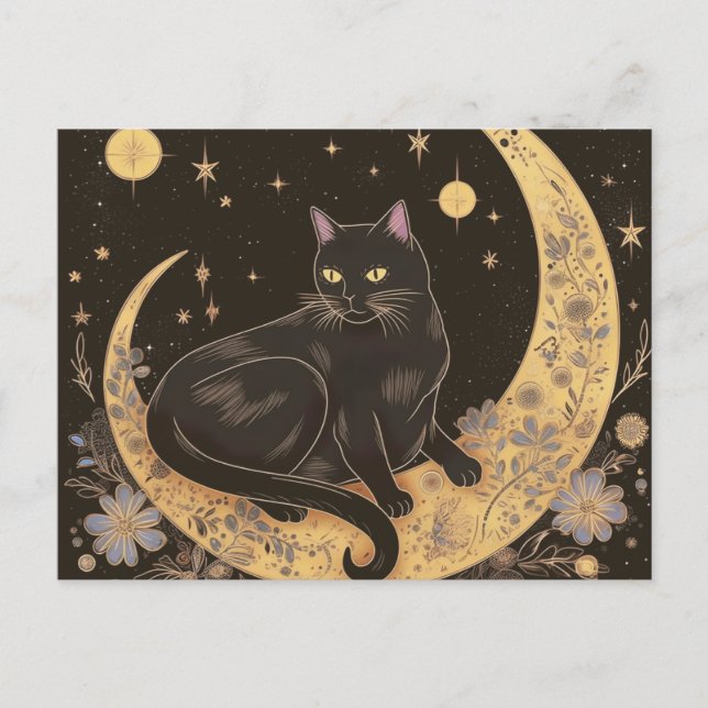 Cartão Postal De Festividades Gato Negro no Dourado Halloween da Lua Crescente (Frente)