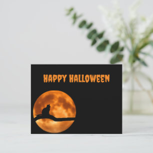 Cartão Postal De Festividades Gato Negro Sob Lua Laranja