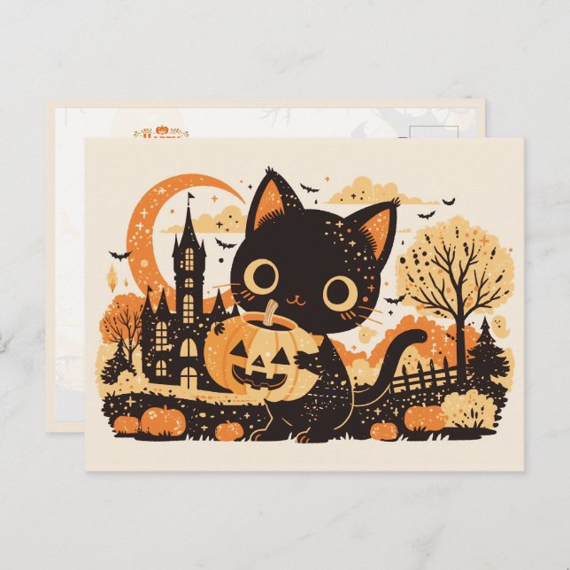 Cartão Postal De Festividades Gato Preto Adorável com Jack-o-lanterno (Frente/Verso)