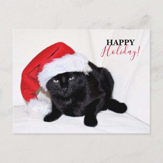 Cartão Postal De Festividades Gato preto bonito com chapéu de Papai Noel (Frente)