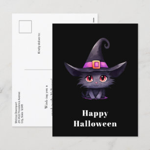 Cartão Postal De Festividades Gato preto bonito Vestindo o Dia das Bruxas