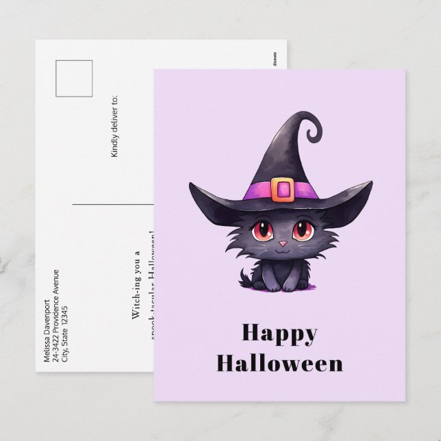 Cartão Postal De Festividades Gato preto bonito Vestindo o Dia das Bruxas (Frente/Verso)