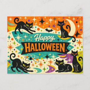 Cartão Postal De Festividades Gato Preto Caprichoso no Halloween da Era Atômica