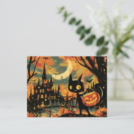 Cartão Postal De Festividades Gato Preto com Balde de Abóbora ao lado do Castelo