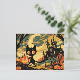 Cartão Postal De Festividades Gato Preto com Balde de Abóbora ao lado do Castelo