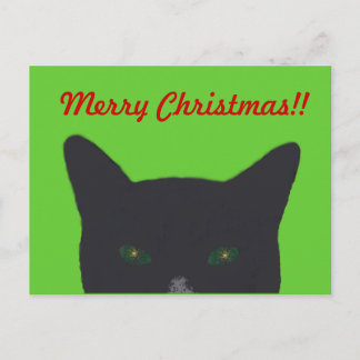 Cartão Postal De Festividades Gato preto com verde, "Feliz Natal vermelho "
