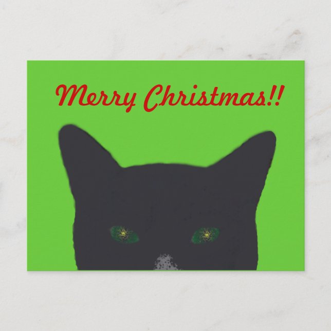 Cartão Postal De Festividades Gato preto com verde, "Feliz Natal vermelho " (Frente)
