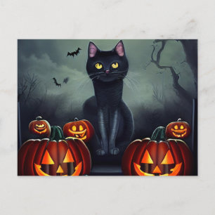 Cartão Postal De Festividades Gato Preto de Halloween e Abóboras Assustadoras