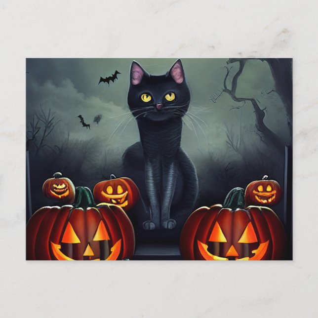 Cartão Postal De Festividades Gato Preto de Halloween e Abóboras Assustadoras (Frente)