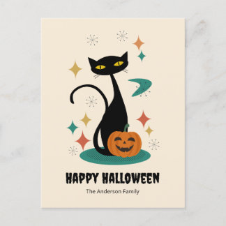 Cartão Postal De Festividades Gato Preto de Halloween em Estilo de Meados do Séc