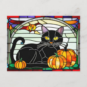 Cartão Postal De Festividades Gato Preto de Vidro Manchado com Bombeiros