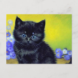Cartão Postal De Festividades Gato Preto Flores Roxas de Van Gogh