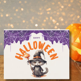 Cartão Postal De Festividades Gato Preto Fofo de Halloween com Chapéu de Bruxa