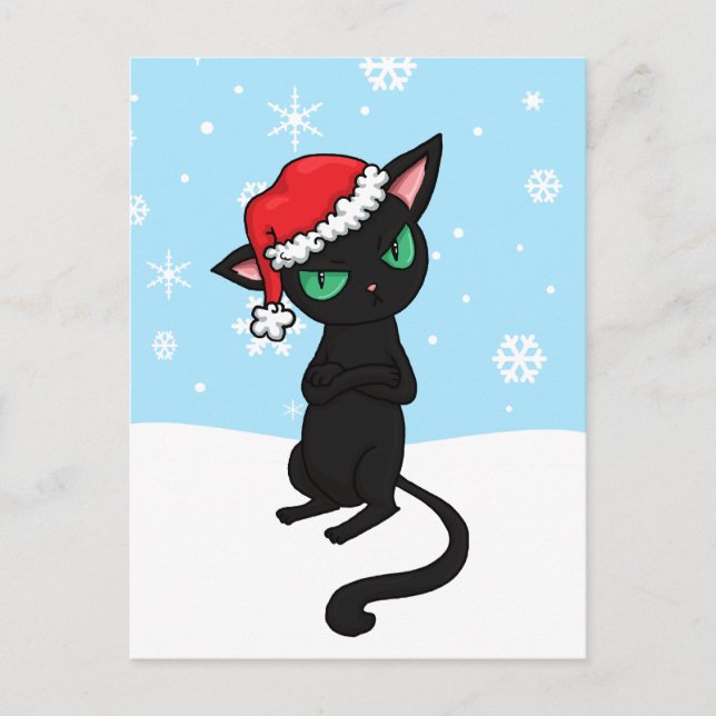 Cartão Postal De Festividades Gato Preto Grumpy vestindo Papai Noel (Frente)