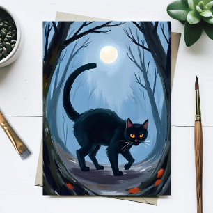 Cartão Postal De Festividades Gato Preto Lua de Halloween Aquarela