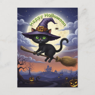 Cartão Postal De Festividades Gato Preto na Vassoura Voadora