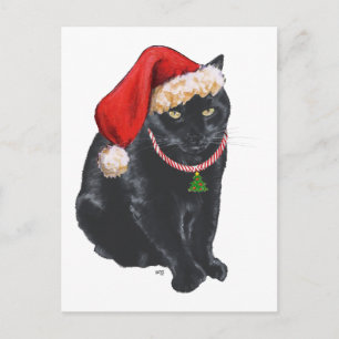 Cartão Postal De Festividades Gato preto no chapéu do papai noel