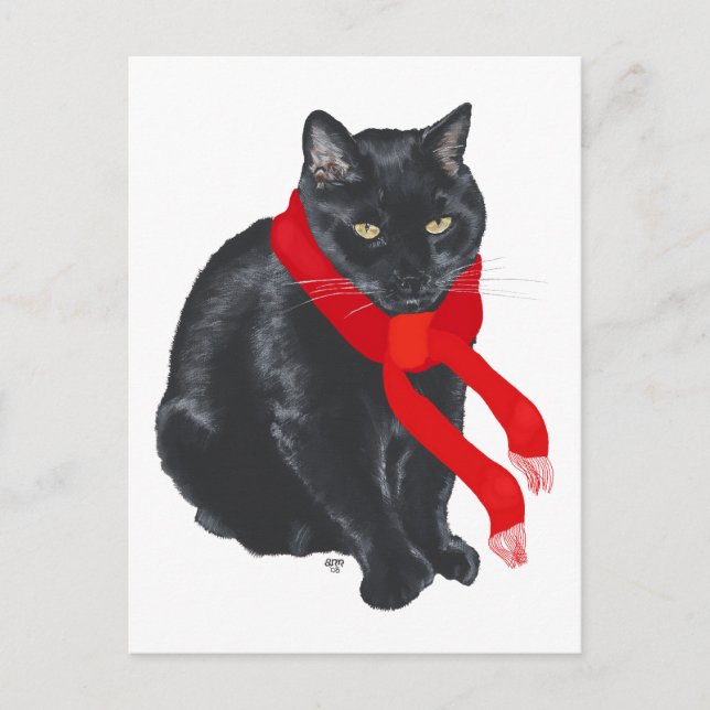 Cartão Postal De Festividades Gato preto que mantem-se morno no Natal (Frente)