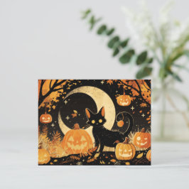 Cartão Postal De Festividades Gato Preto Retro com Jack-o’-Lanterns