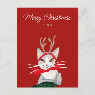 Cartão Postal De Festividades Gato retrô bonito vermelho Natal