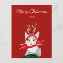 Cartão Postal De Festividades Gato retrô bonito vermelho Natal