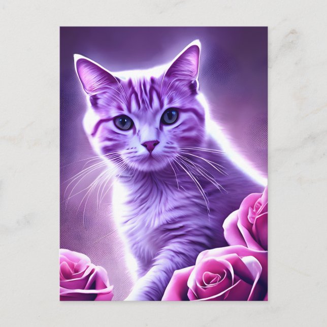 Cartão Postal De Festividades Gato roxo chamado Lavanda com rosas (Frente)