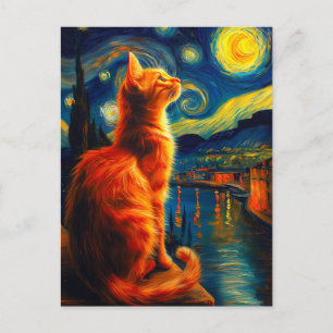 Cartão Postal De Festividades Gato Ruivo Contemplativo Céu Noturno Estrelado