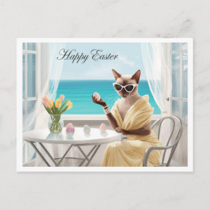 Cartão Postal De Festividades Gato siamês de Páscoa com ovos em casa à beira-mar