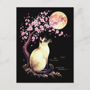 Cartão Postal De Festividades Gato Siamesa Sob uma Lua Rosa