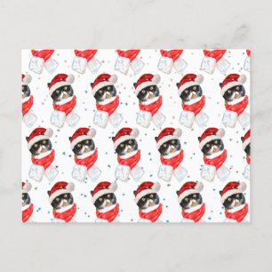 Cartão Postal De Festividades Gato Tricolor de Natal Aquarela com Cachecol