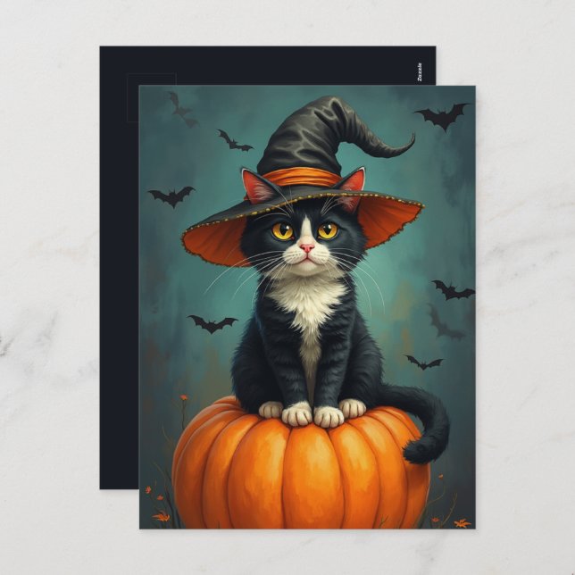 Cartão Postal De Festividades Gato Tuxedo De Bruxa De Halloween Numa Pumpkin (Frente/Verso)