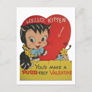 Cartão Postal De Festividades Gato Valentim retrô fofo vintage