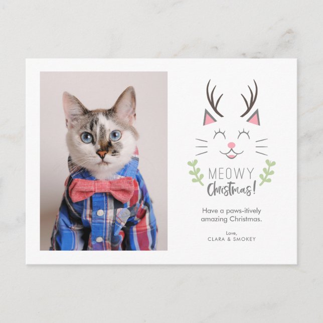 Cartão Postal De Festividades Gato Whimsical de Natal com Antlers Foto (Frente)