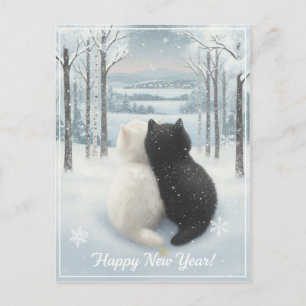 Cartão Postal De Festividades Gatos Aconchegantes de Inverno “Feliz Ano Novo” Ca