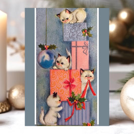 Cartão Postal De Festividades Gatos de Natal Antigos Brincando Sobre Presentes