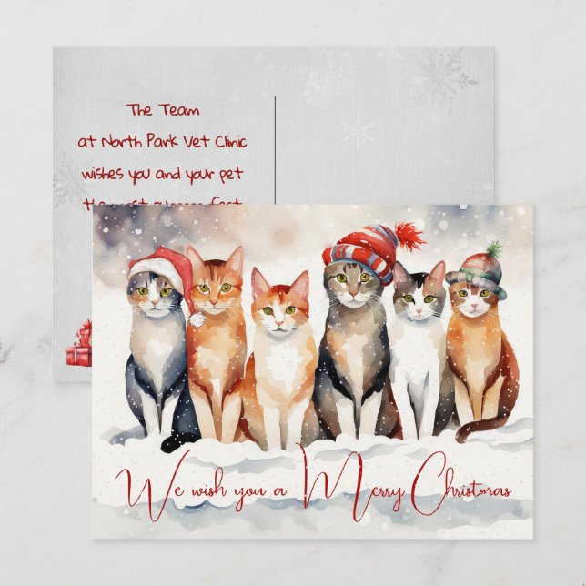 Cartão Postal De Festividades Gatos De Natal Com Aquarela Da Clínica Veterinária (Frente/Verso)