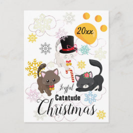 Cartão Postal De Festividades Gatos de Natal Dançam nas Nuvens e Flocos de Neve