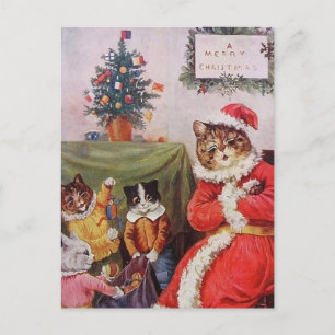 Cartão Postal De Festividades Gatos de Natal de Louis Wain Família Vitoriana Vin