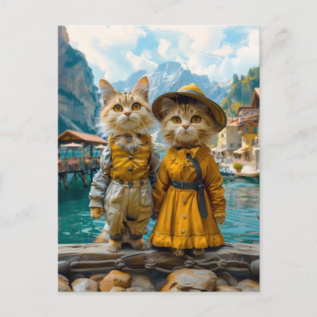 Cartão Postal De Festividades Gatos de uma aldeia suíça de Lakeside (Frente)